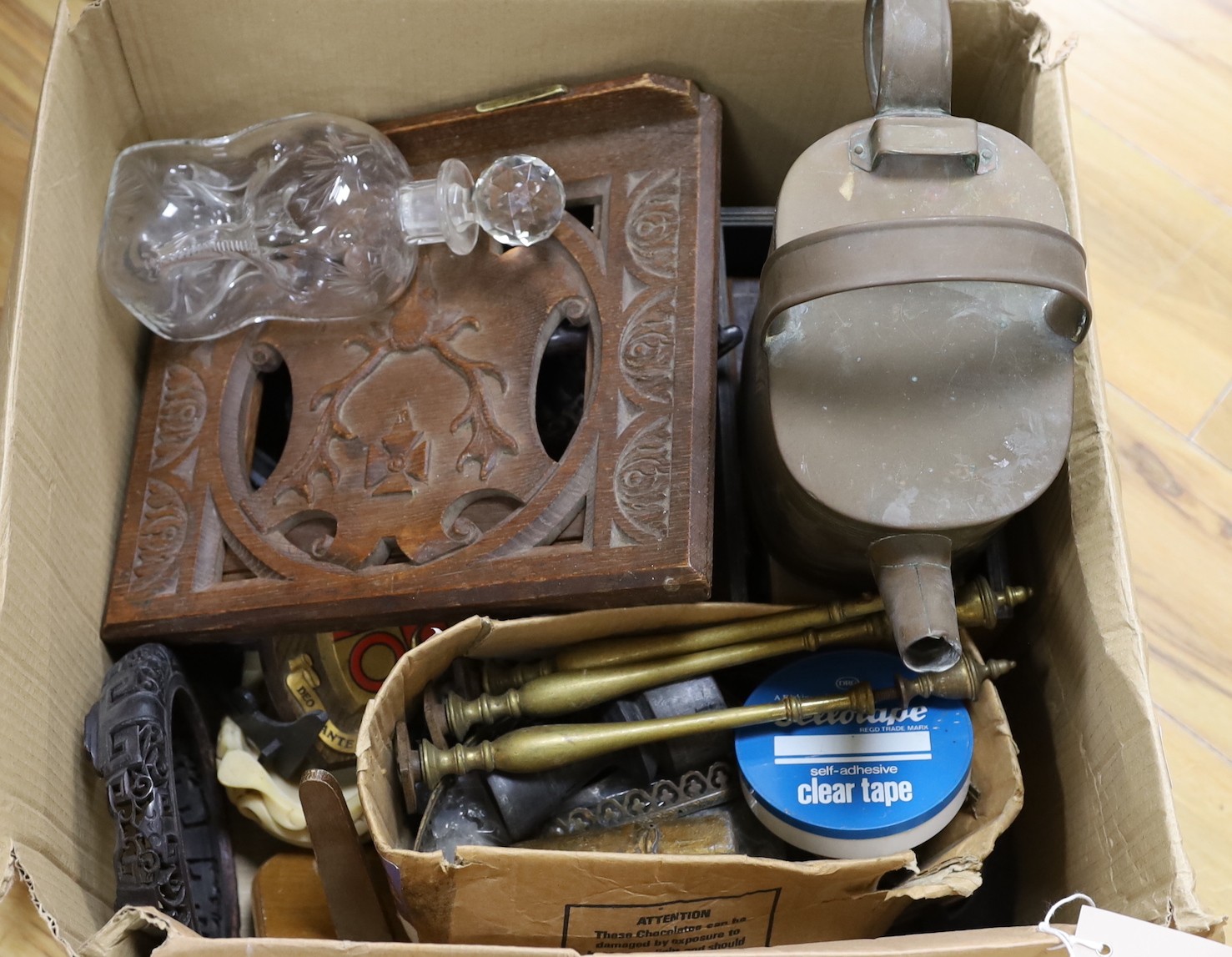 A carved oak lecturn and other wood and mixed metalware